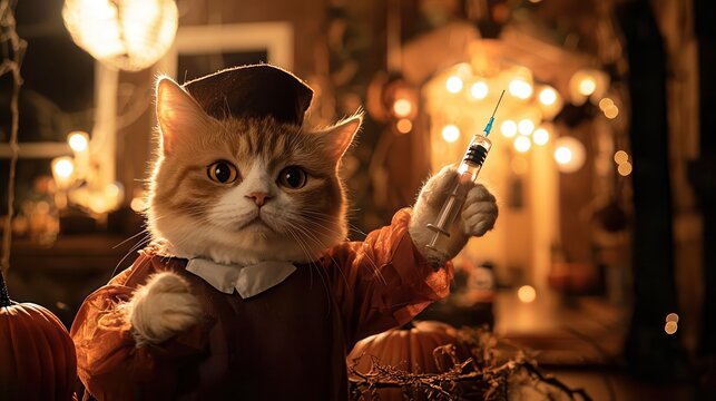 Halloween cat in a spooky nurse costume, holding a syringe, standing in a haunted house with creepy decorations, dark tones, eerie atmosphere