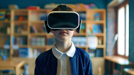 Young girl wearing a VR headset in a library setting, exploring new worlds and possibilities.