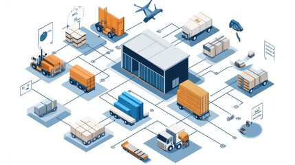 A logistics process flow diagram with icons representing warehousing, transportation, and final delivery stages.