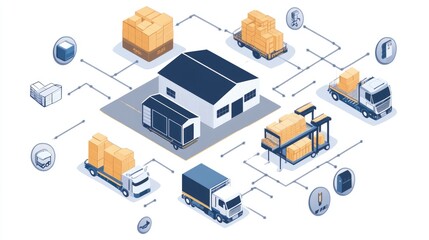 Obraz premium A logistics process flow diagram with icons representing warehousing, transportation, and final delivery stages.
