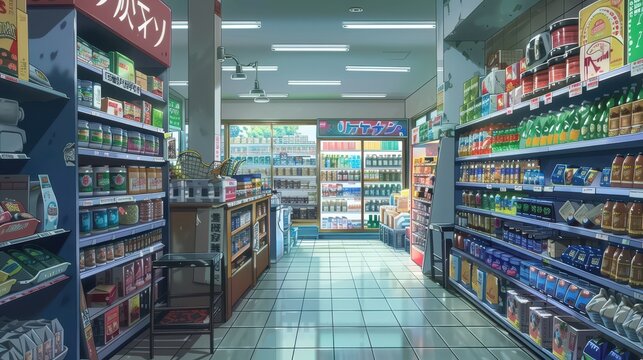 Brightly lit aisles filled with vibrant products invite shoppers to explore the well-stocked anime grocery store atmosphere