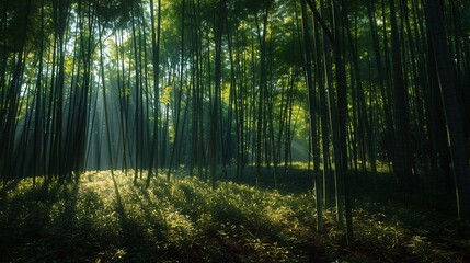 Naklejka premium 3. Bright green bamboo grove in Japan, with the sun casting long shadows and illuminating the leaves, creating a tranquil and refreshing environment