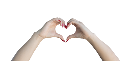Female hands making a heart shape isolated on transparent background, PNG Format