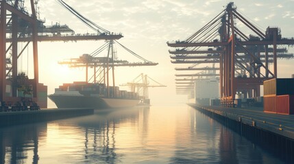 Fototapeta premium A port with cranes and shipping containers ready for export, representing the maritime aspect of global logistics.