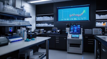 A state-of-the-art lab setup featuring automated testing equipment, a large digital screen displaying data, and sterilized instruments.