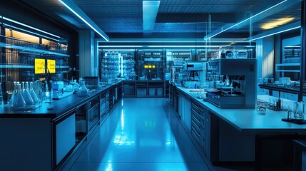 A state-of-the-art lab with automated research tools, glowing indicators, and a clean, organized work environment for experiments.