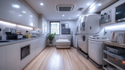 Modern kitchen with appliances and a seating area.