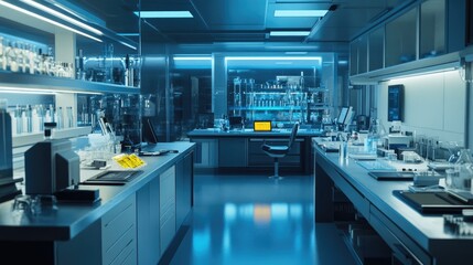 A state-of-the-art lab with automated research tools, glowing indicators, and a clean, organized work environment for experiments.