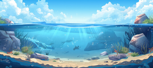 Obraz premium The Ocean or sea underwater background, game background, Illustration