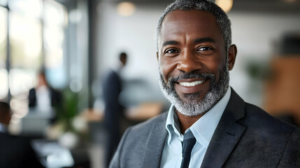 Fototapeta premium A smiling man in a suit, exuding confidence in a professional setting.