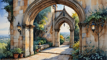 Gothic archway, flickering lanterns, winding path