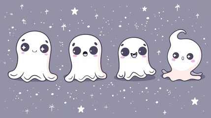 Obraz premium Cute Ghosts Cartoon Kawaii Vector: Adorable and Playful Vector Illustration of Ghosts in a Kawaii Style, Featuring Friendly and Cheerful Expressions. Perfect for Halloween Themes, Children's Content, 