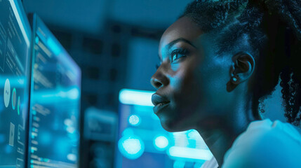 A young woman intently focuses on the screen