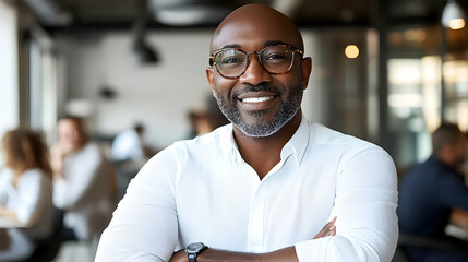 Obraz premium A smiling man in a white shirt poses confidently in a modern setting.