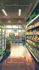 Brightly lit grocery store features neatly arranged shelves stocked with various goods and sunlight streaming through the windows