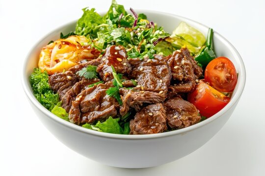 Vietnamese beef Bo bun bowl with salad pork ribs and herbs on white background