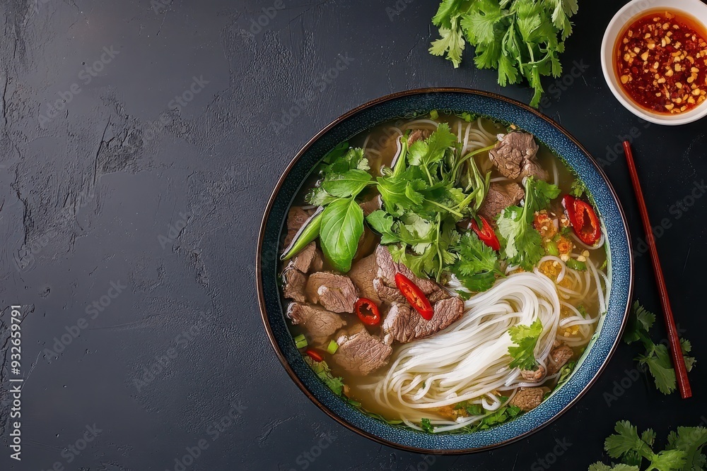 Wall mural vietnamese beef noodle soup with fresh greens in blue bowl on dark table served with spicy sauces to