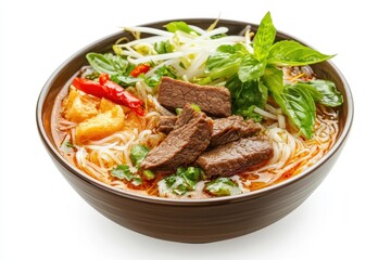 Vietnamese beef noodle soup on white background