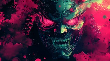 Fototapeta premium Glowing Samurai Demon Mask:Neon Ink Splashes on Dramatic Background