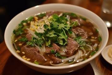 Vietnamese beef noodle soup with fresh veggies called Ph