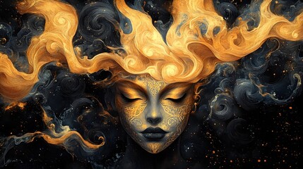 Captivating Golden Demonic Face with Swirling Mystical Patterns on Dark Backdrop