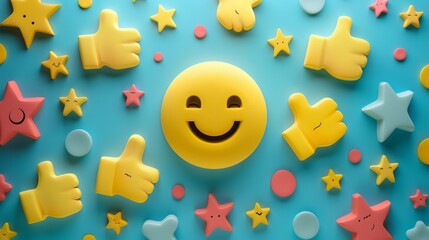A yellow smiley face surrounded by thumbs up and stars on a blue background.