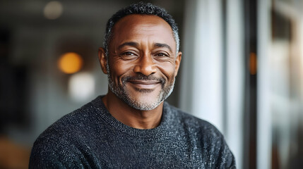 Obraz premium A smiling man with a warm expression in a cozy indoor setting.