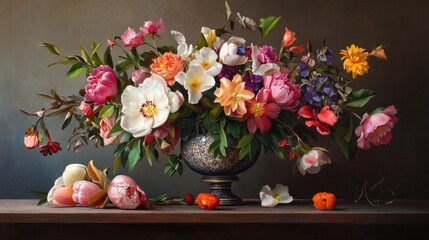 Still Life of Flowers in a Blue and White Vase