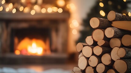 Fototapeta premium Stack of firewood logs in front of a fireplace with a cozy and warm atmosphere.