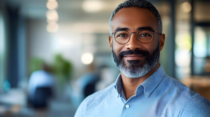 Obraz premium A smiling man with glasses in a modern office setting.