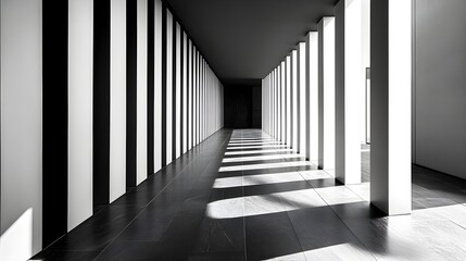 Abstract black and white background with strong volumetric straight lines that a sense of depth and perspective.