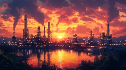 Naklejka premium Colorful Sunset Over Bustling Oil Refinery Landscape with Skyline Reflection