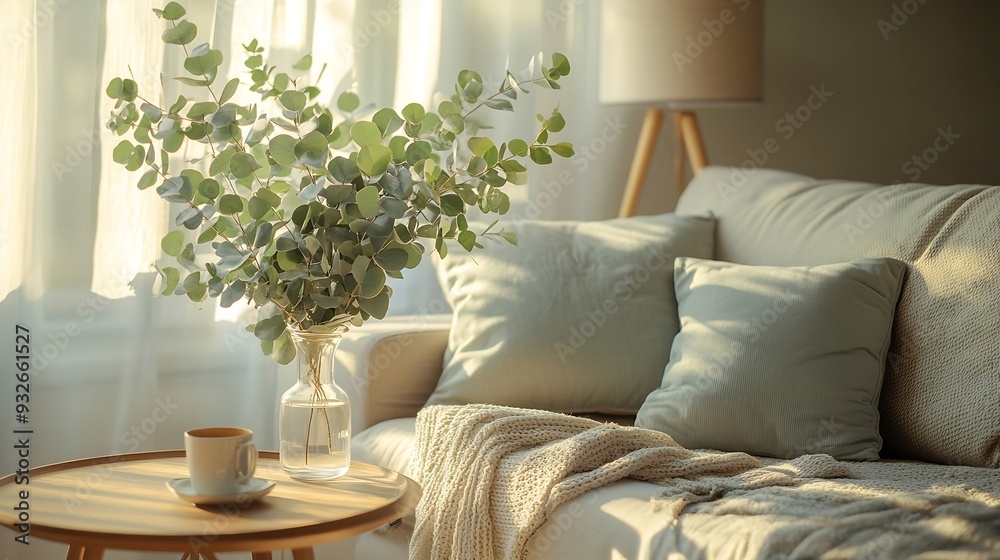 Poster Vertical shot of soft modular couch floor standing lamp side table green eucalyptus in vase and coffee cup in living room Aesthetic composition of classic interior at cozy house : Generative AI