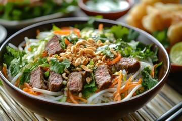 Vietnamese salad with beef noodles herbs spring rolls and spicy dressing Served with fried bread