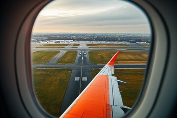 Fototapeta premium View of airport runway and wing during takeoff from airplane window
