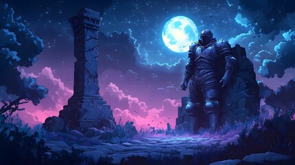 Fototapeta premium Haunted Steel Armor Guarding Forgotten Tomb in Ethereal Moonlight Landscape