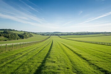 Fototapeta premium View of gallop and racetrack from hilltop leading to English town