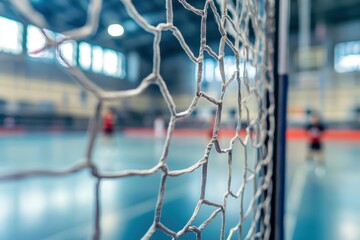 View of handball goal post with net and match in background