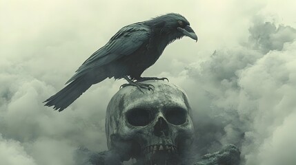 Fototapeta premium Ominous Raven Perched on Skull in Watercolor Style Clouds