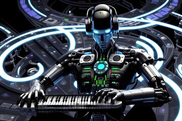 Obraz premium Cybernetic Musician: A musician enhanced with advanced technology, blending human creativity with cybernetic capabilities.