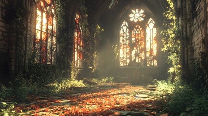 Abandoned Gothic Church with Shattered Stained Glass and Creeping Vines in Watercolor Style