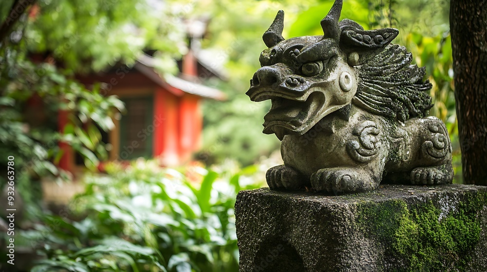 Poster stone guardian lion statue in front of a japanese shrine.