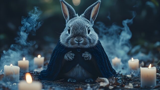 Mysterious Mini Rex Rabbit in Vampire Cape Amidst Mist and Floating Candles