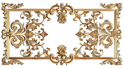 Baroque-Style Decorative Frame with Gilded Effect: Rectangular Frame Featuring Rich Ornamentation and Elaborate Details, Including Scrolls, Leaves, and Floral Elements in Symmetrical Arrangement. 