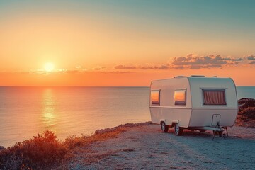 Vintage caravan parked by the ocean at sunset a retro mobile home for family holiday