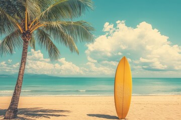 Vintage filter tone style with surfboard and palm tree on beach Summer vacation adventure sport concept