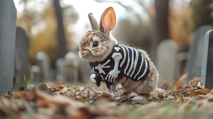 Obraz premium Adorable American Fuzzy Lop Rabbit Hops Amidst Creepy Cemetery Tombstones in Halloween Skeleton Costume