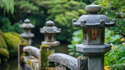 Fototapeta premium Stone lanterns on a moss-covered bridge in a Japanese garden.