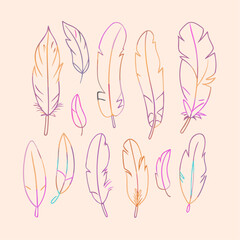 Set colorful outline feathers retro hippie style items For print graphic design stickers (11)