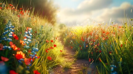 A lively and colorful depiction of wildflowers growing along a countryside path, with a mix of warm and cool tones creating a balanced and harmonious composition. 8k UHD, suitable for high-quality 